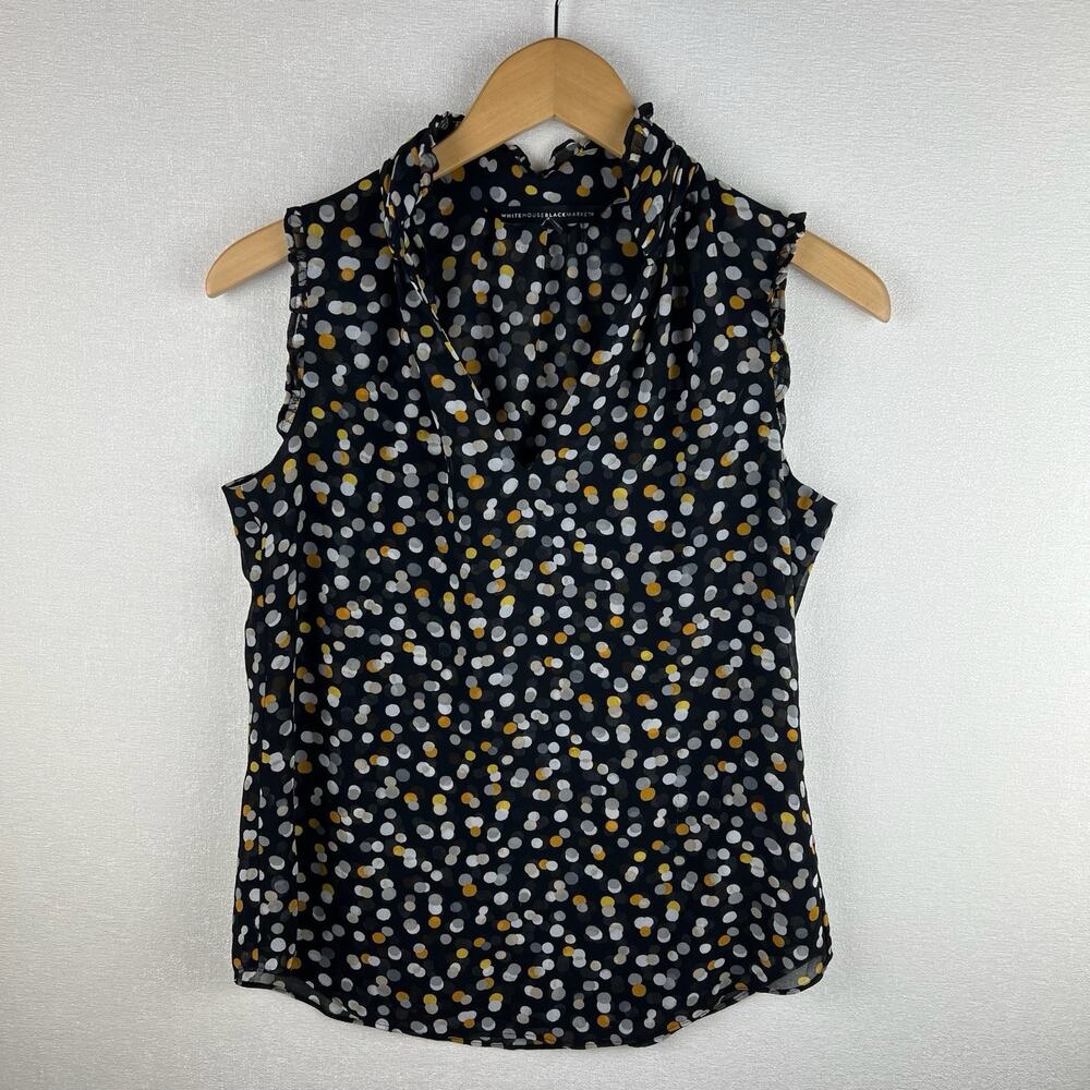 White House Black Market Women’s Small Sleeveless Blouse Black Yellow Polka Dot